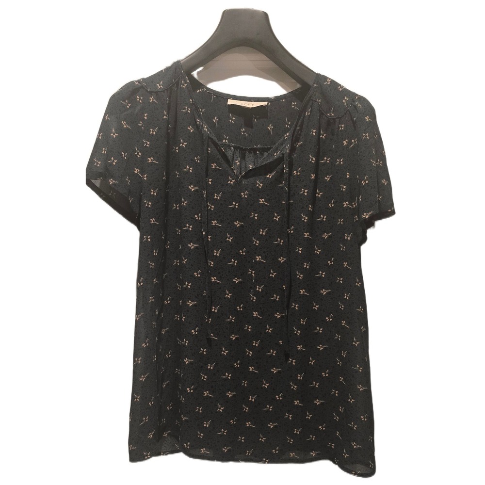 Ann Taylor LOFT Women Large Floral Tie Neck Short Sleeve Blouse Black Navy‎ Top